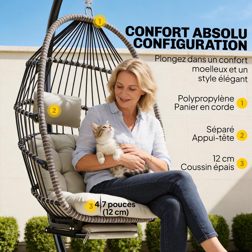 Hanging Chair with Stand, Folding, Retractable Footrest, Light Grey