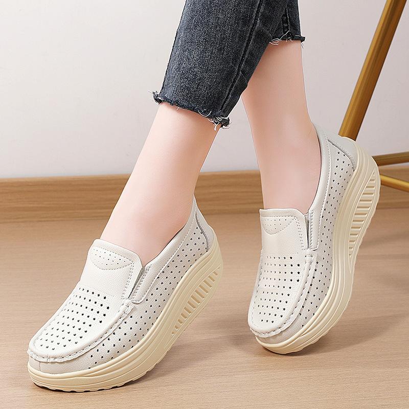 Fashion Wedge Heels Women Platform Shoes Rocker Shoes Genuine Leather Slip-on Loafers Casual Walking Shoes