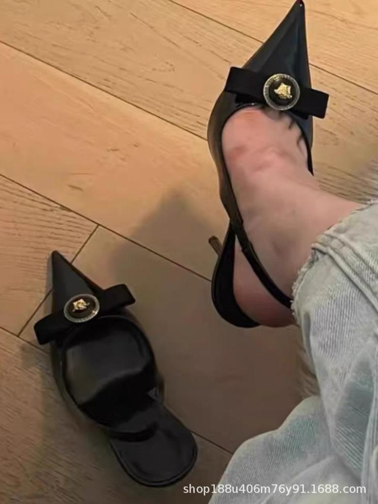 [Spot] Sandals Femininity Backspace Thin Heel Pointed Head Baotou Sexy High Heels Bow French Single Shoes