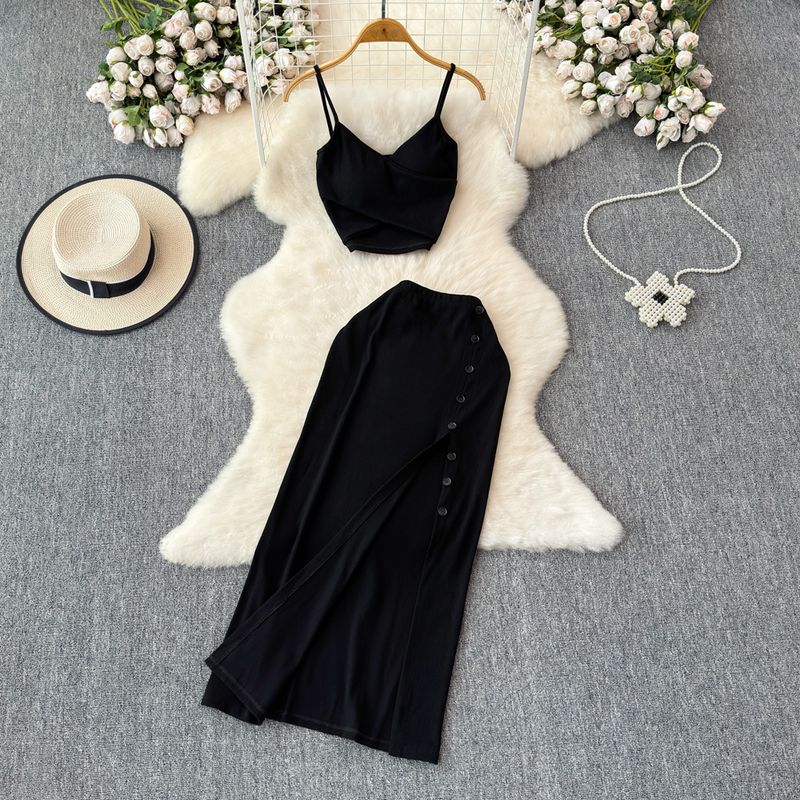 Fashion Suit Women's Summer Sexy Padded Strap Vest Two-Piece Set High Waist Slimming Slit Sheath Skirt