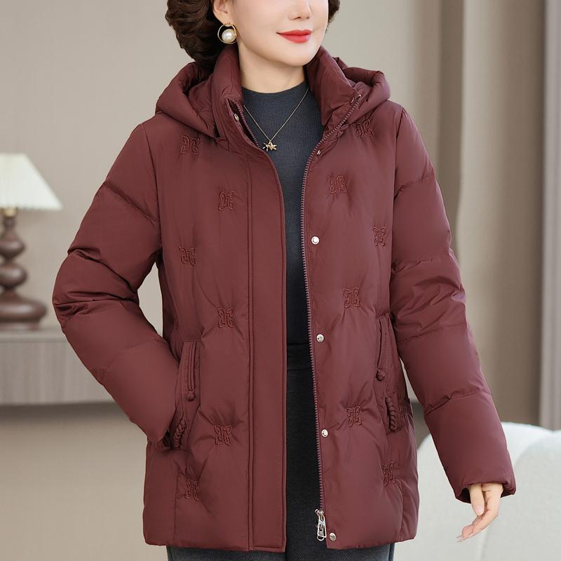 Jachetă Puf Scurtă pentru Femei de Vârstă Mijlocie Mărimi Mari XL-6XL Îmbrăcăminte Exterioară de Iarnă cu Glugă Elegantă Broderie Groasă Caldă Jachete de Puf