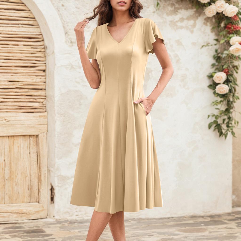Women's Summer Fashion V-Neck Ruffle Sleeve Retro Elegant Midi Dress