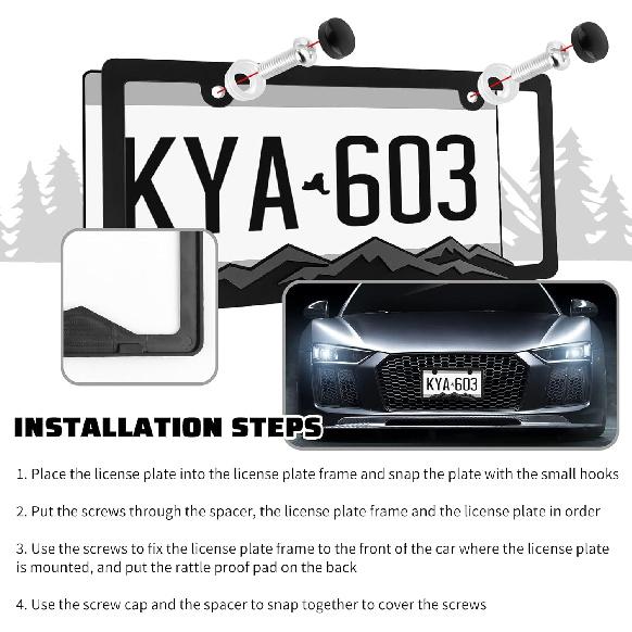 2PCS Car License Plates Frames With Raised Mountain Pattern & Mountain Car Decal,Stylish Cars Plates Frame With Screws & Caps,Decorative Cars