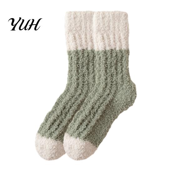 Warm Crew Socks for Winter Thickened Long Plush Women, Coral Fleece Socks, Warmth Autumn Thermal Sleep Anti-static Contrast Color Indoor Cozy Hosiery
