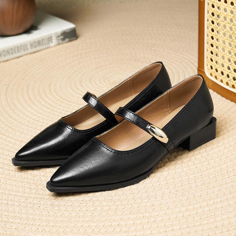 Pointed Head Shallow Mouth Thick Heel with Temperament Soft Leather Single Shoes Commuter Professional Work Shoes