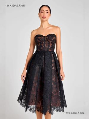 Summer New European and American Evening Dress Women's Tight Tube Top Sexy Embroidered Lace Dress