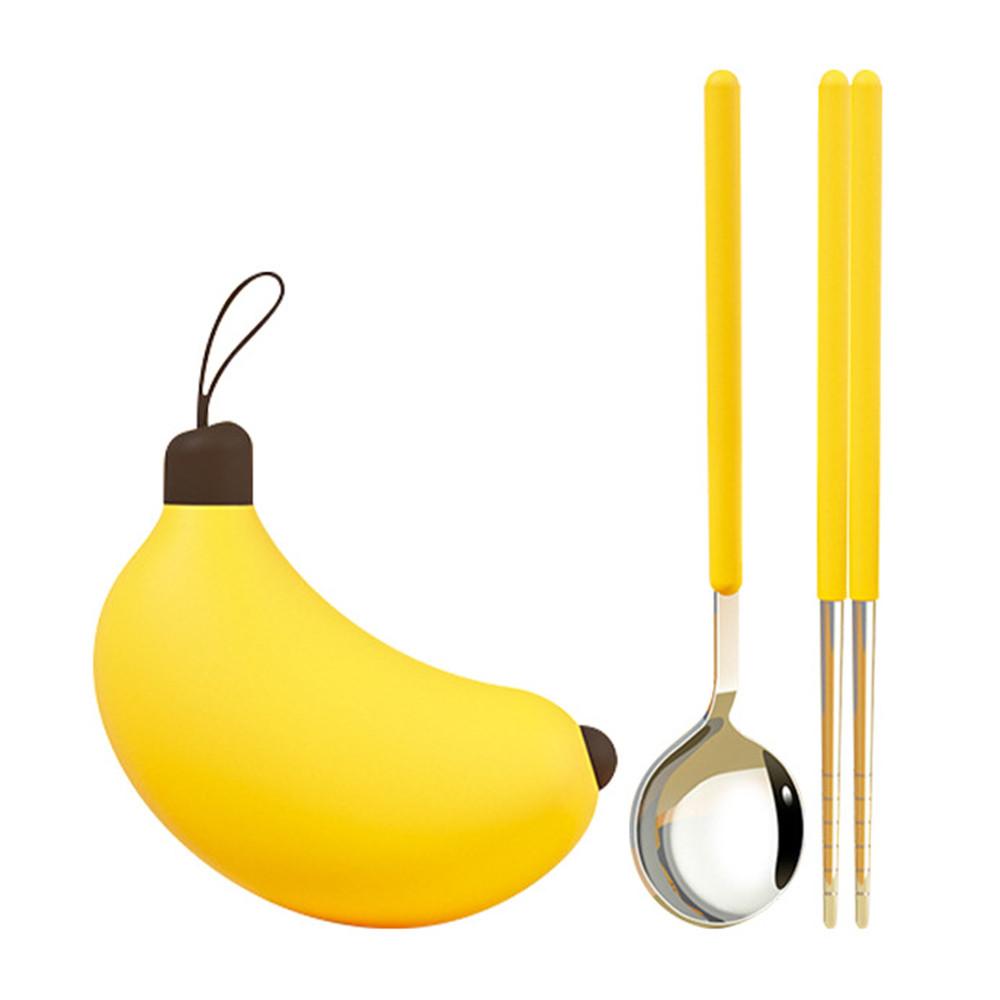 Banana Cover 304 Stainless Steel Spoon Chopsticks 2PCs Set Children s Students Outdoor Portable Travel Tableware