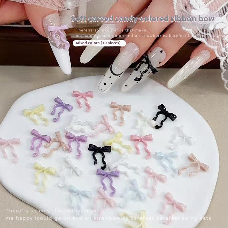 30 szt. Kokardki z wstążki Ozdoby do paznokci 3D Dekoracja paznokci Kolor makaronik Akcesoria do manicure Materiał żywiczny DIY