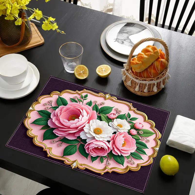 4pcs/6pcs Christmas Decorative Linen Placemats, Featuring a 2D Flat Pattern Print with Pink Borders And Floral Designs. The Pink Borders Paired with