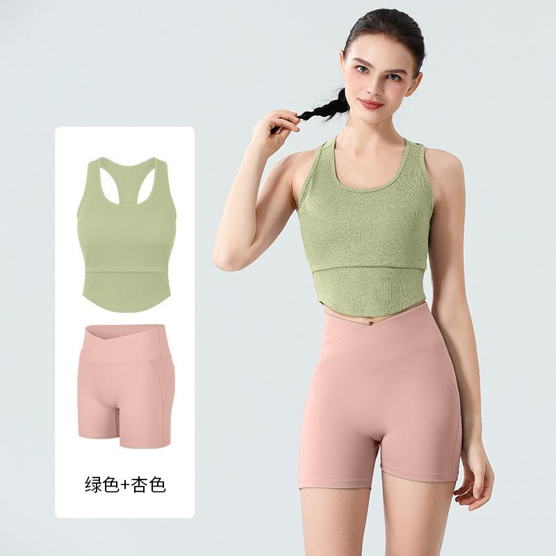 High elastic u-neck threaded yoga vest shorts fitness set summer, breathable and quick-drying badminton sportswear set women