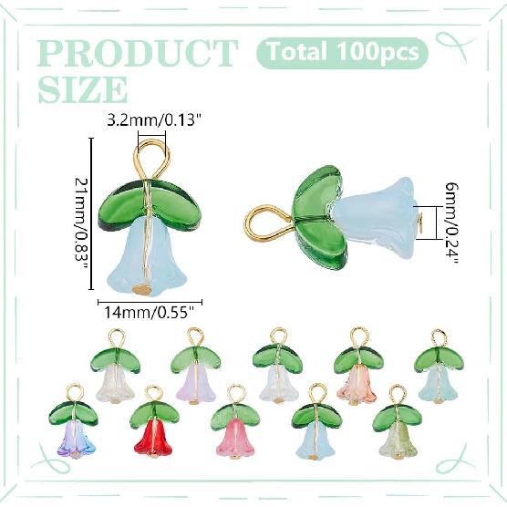 WADORN 100 шт. 8 цветов, стеклянные подвески-шармы в виде цветка тюльпана, разноцветные хрустальные шармы-тюльпаны с листочком, весенние летние цветочные подвески-бутоны