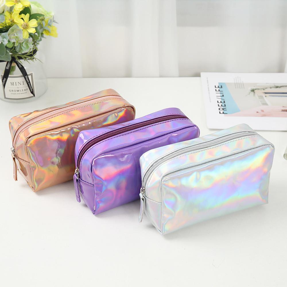 Stylish Laser Pu Cosmetic Pouch Portable Colorful Square Big Capacity Handheld Toiletry Organizer