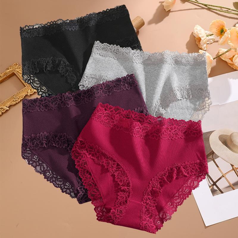 FINETOO 4PCS Sexy Lace Cotton Panties for Women Flroal Lace Seamless Briefs High Rise Lingerie Female Breathable Soft Underwear