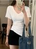 WhiteV-Neckshort Sleeve T-Shirt Women's Casual Loose-Fit Waist-Fitted Top Korean Style Polyester Fiber Summer Clothing
