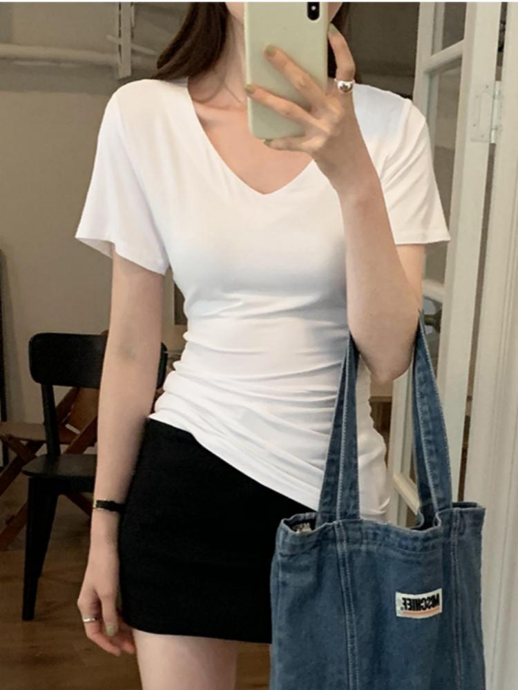 WhiteV-Neckshort Sleeve T-Shirt Women's Casual Loose-Fit Waist-Fitted Top Korean Style Polyester Fiber Summer Clothing