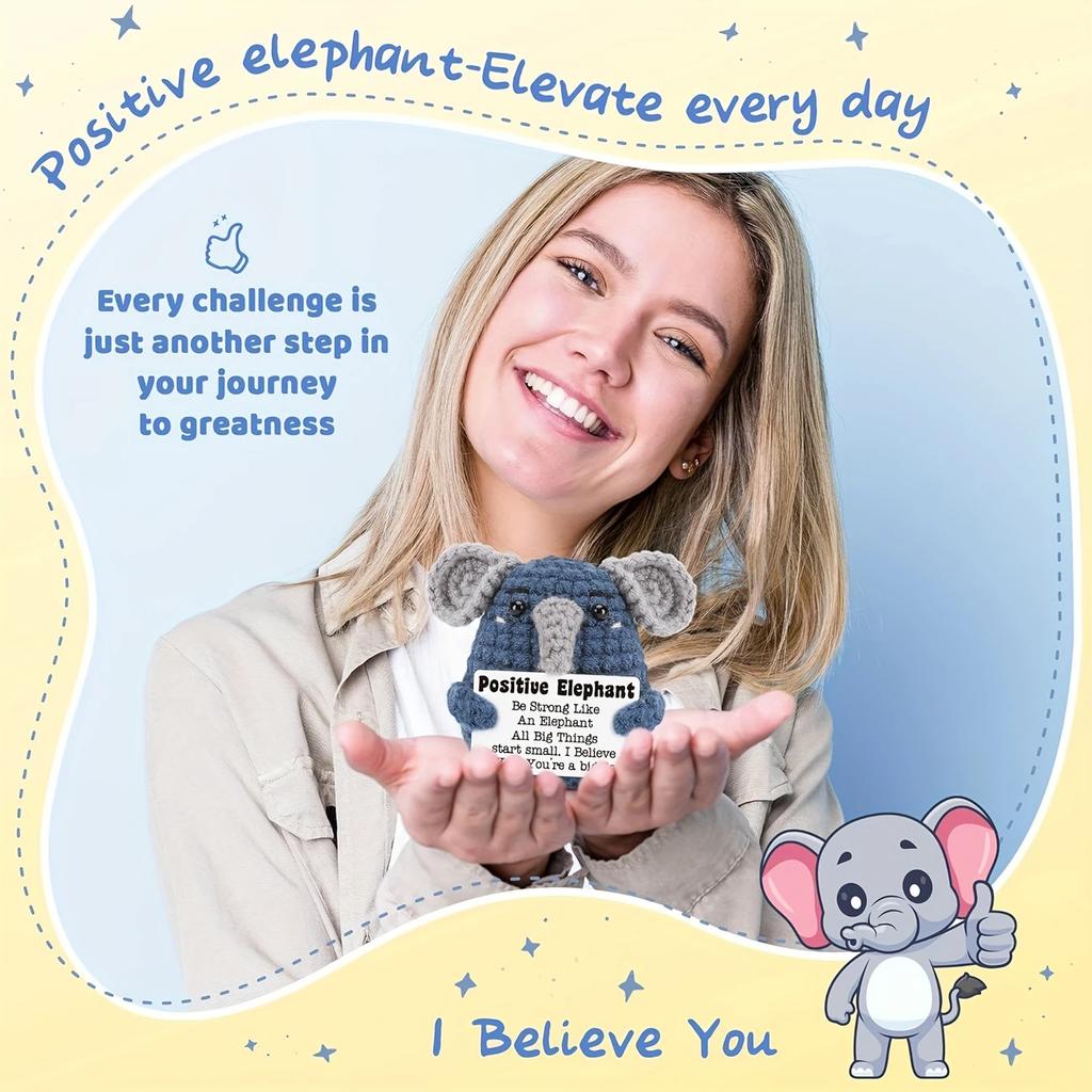 Handmade Crochet Positive Elephant Figurine with Message Card - Cute Knit Elephant Car Dashboard Decor Emotional Support