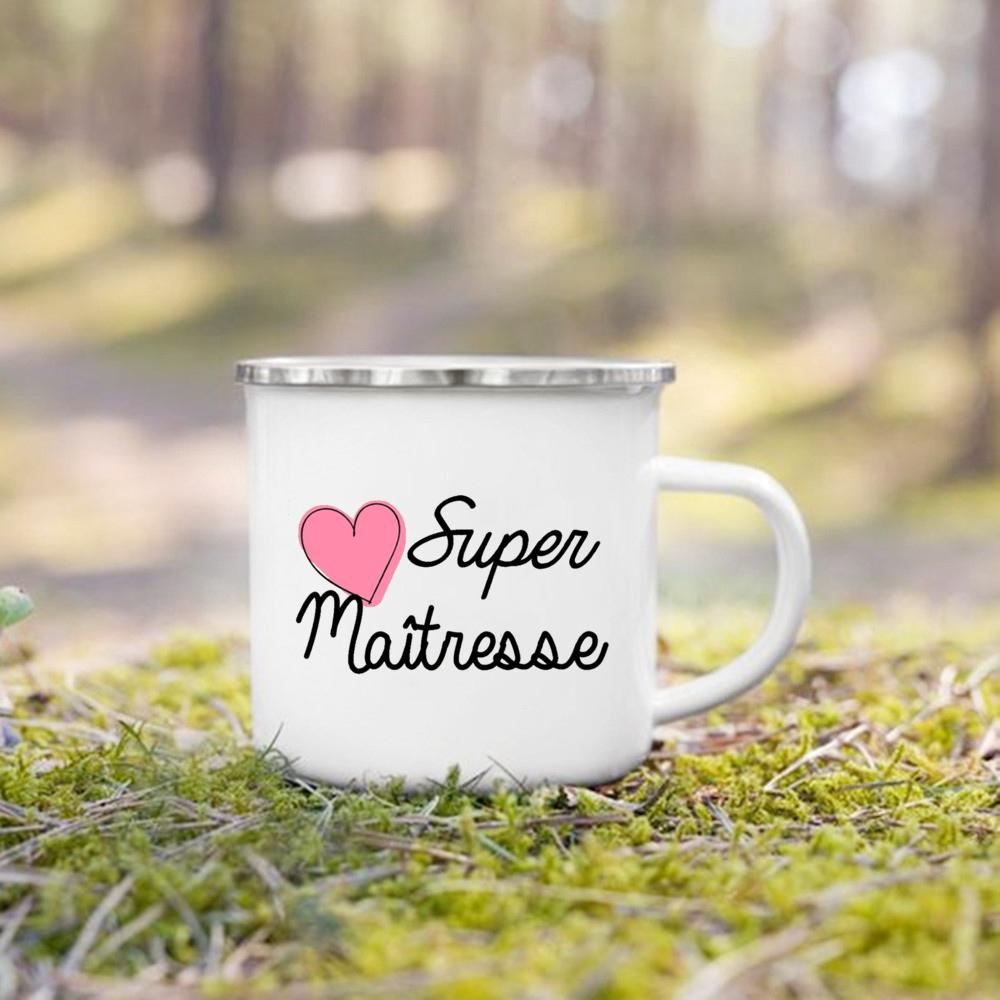 Merci Maitresse French Printed Mug Creative Coffee Cup Drinks Enamel Cup Handle Drinkware Teacher's Day Thanks Gift for Teacher