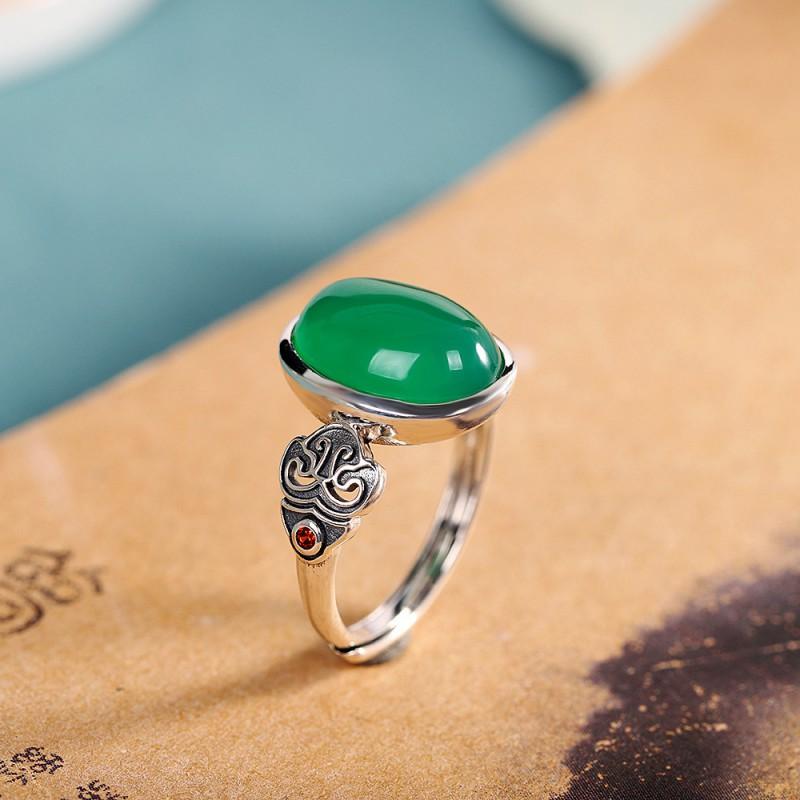 Adjustable Open Ring Women Men Vintage Geometric Green Chalcedony Stone Statement Jewelry Adjustable Open Band