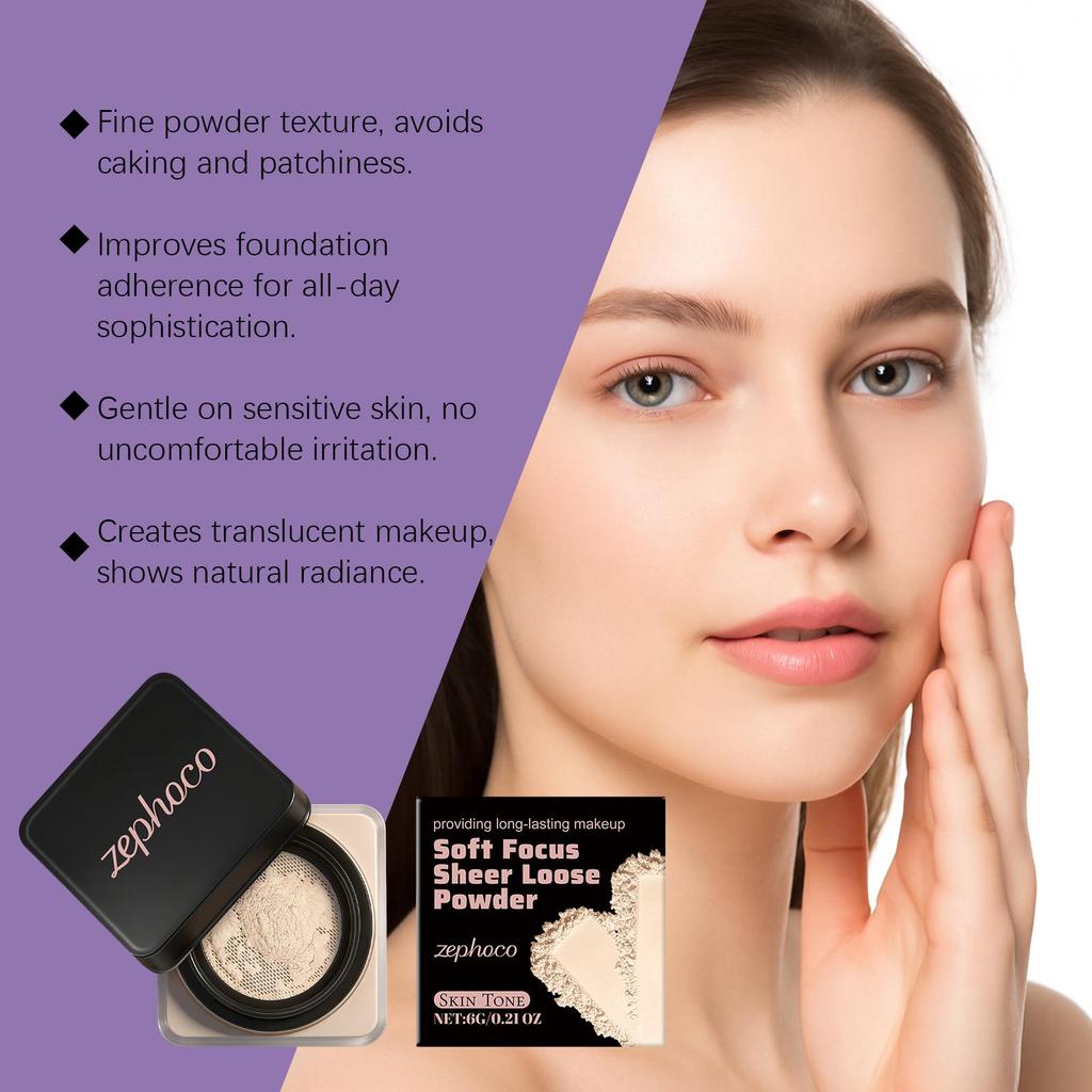 Zephoco Translucent Loose Powder: Natural, Lightweight, Breathable, Non-Greasy Setting Powder for Soft Focus and Skin Tone Enhancement.