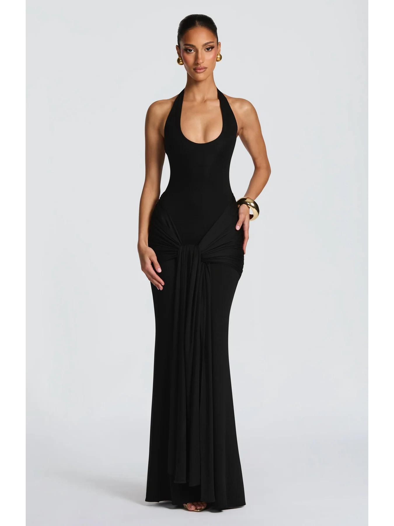 2025 Women s European & American Style Spliced Strappy Long Slim Fit Halterneck Formal Dress Medium