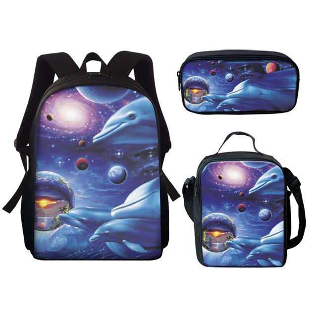 Klassiek Nieuwigheid Bijzonder Grappig Cool Dolfijn 3D Print 3 stuks/Set leerling Schooltassen Laptop Dagrugzak Rugzak Lunchtas Etui