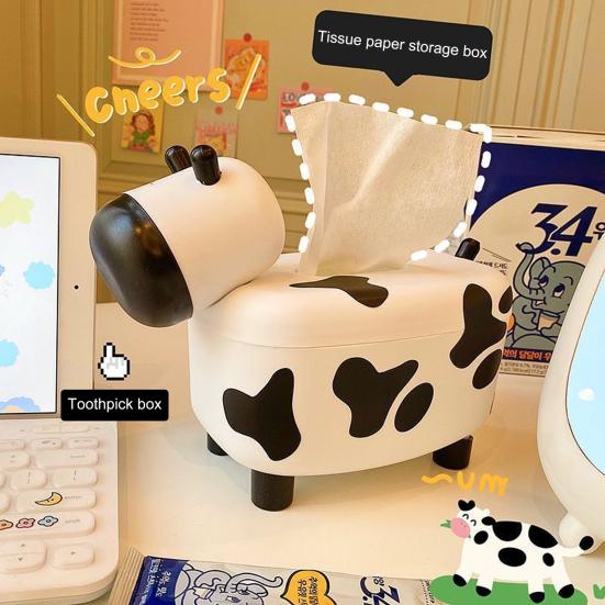 Cow Tissue Box Cover Large Capacity Universal Multifunctional Desktop Lovely Cow Shape Tissue Paper Case with Toothpick Dispenser