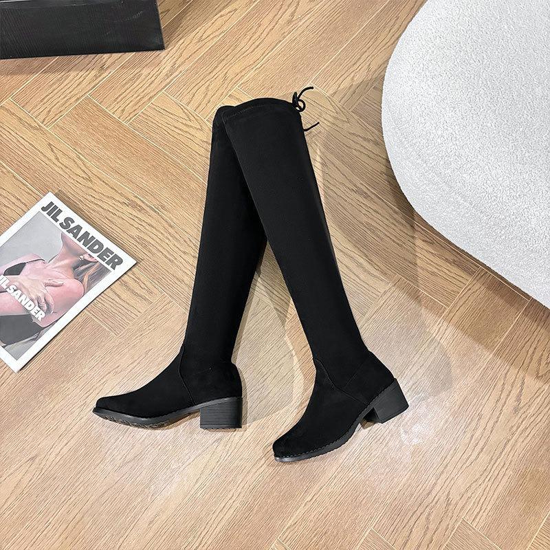 Knee boots for women's autumn and winter new thick heel velvet elastic boots warm versatile long tube thin boots for women