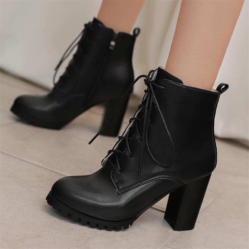 ANNYMOLI Women Ankle Boots Pointed Toe Block High Heels Lace-up Zipper Short Boots Ladies Fashion Shoes Autumn Winter 46