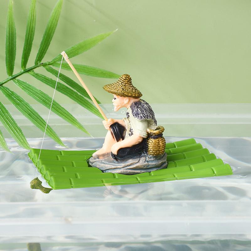 Floating Aquarium Decor Miniature Garden Decor Old Man Fishing Floating Raft Design Fish Tank Landscape Decoration