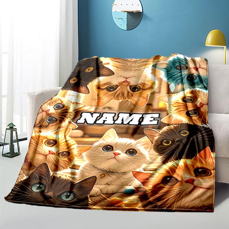 1PC Custom Name "Kitty Cats Collage" Flannel Blanket Versatile,all-season Throw Suitable for the Living Room,bedroom,camping,travel,and Gift
