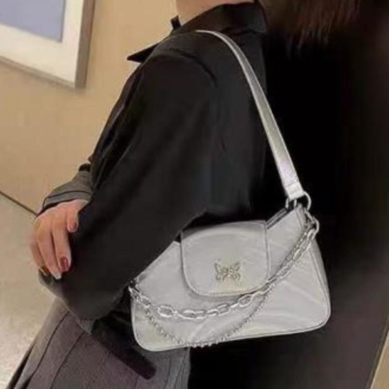 Silver Butterfly Design Shoulder Bag Women Chain Water Wave Leather Underarm Handbag Ladies Hot Girl Y2k Aesthetic Crossbody Bag