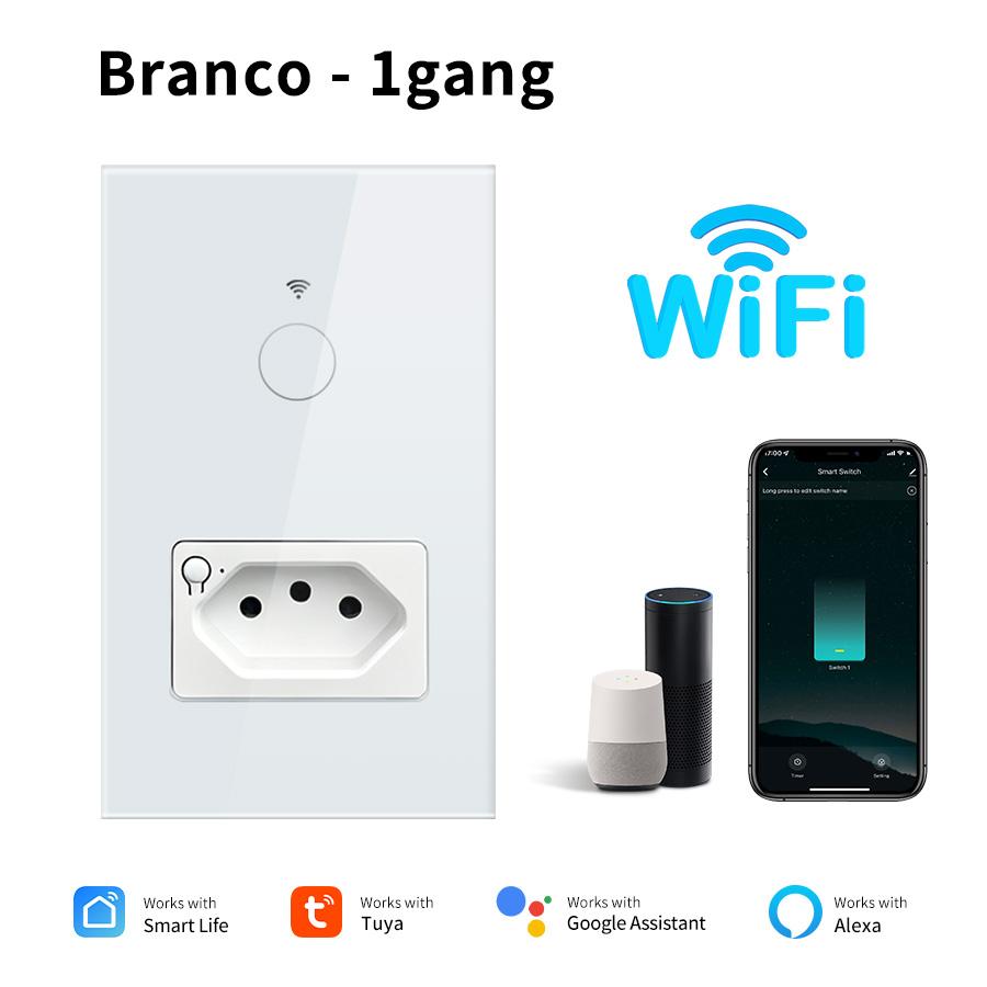 Tuya WiFi Smart Light Switch with Socket Brazil Standard Wall Touch Switches 10A Smart Plug Outlet Work With Alexa Google Home