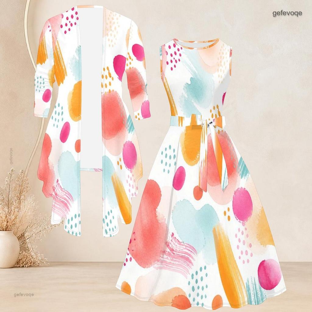 Women Plus Size Two Piece Dress Set 3 4 Sleeve Open Front Cardigan Sleeveless Round Neck Tie Waist Flared Dress Blue Black Printed