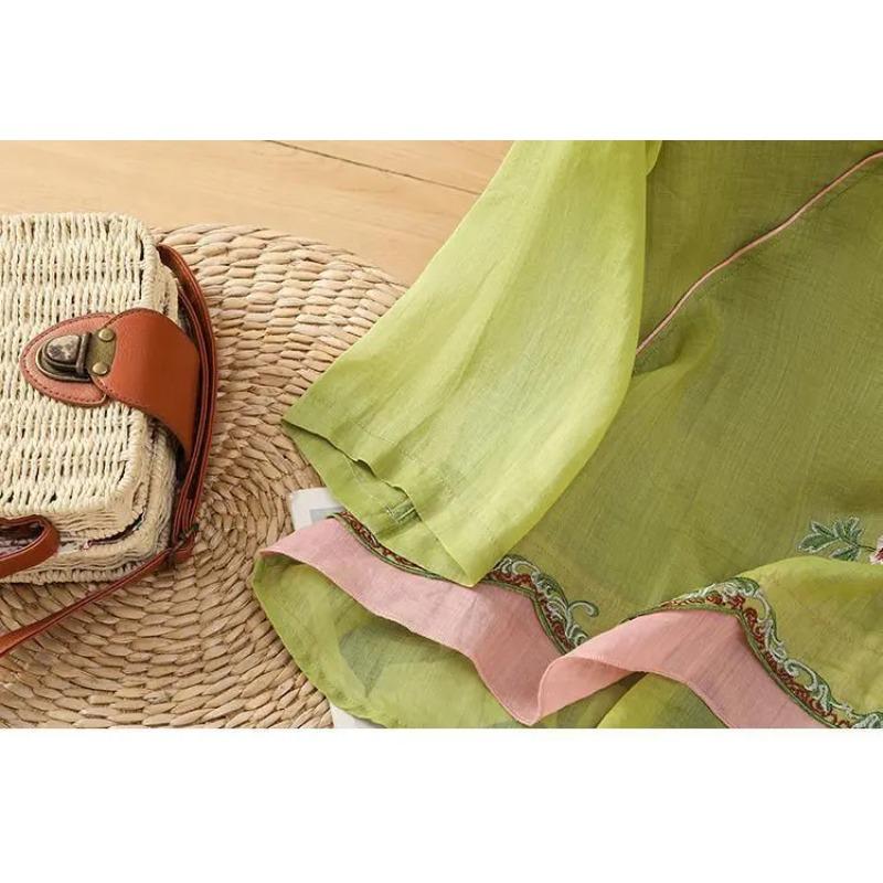 Chinese Style Slanted Collar Cheongsam Shirt Ummer Linen Retro Style Embroidered Literary Flair