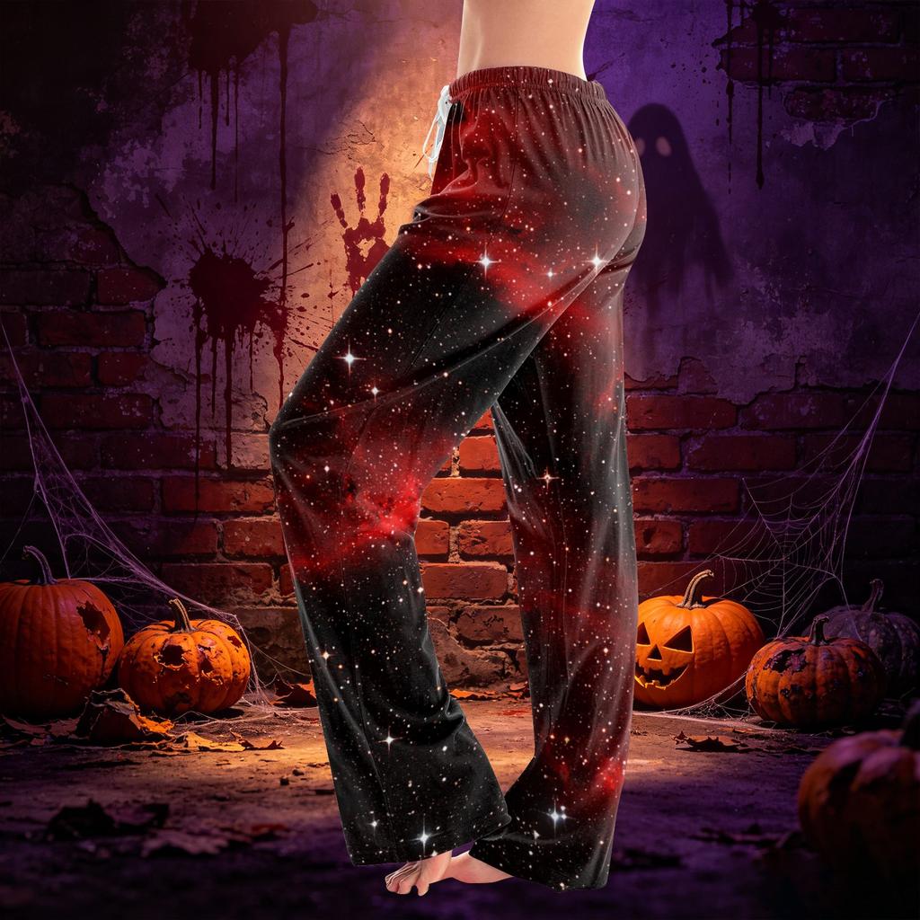 Women Drawstring Waist Halloween Print Long Pants Casual Loose Fit Trousers for Daily Home Lounge Wear