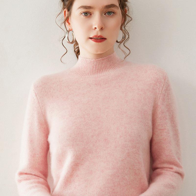 Women's Cashmere Sweater, Soft & Sticky, Half-High Collar, Solid Color, Seven-Gauge Knit, Thick Base Layer, Slimming Versatile Top.