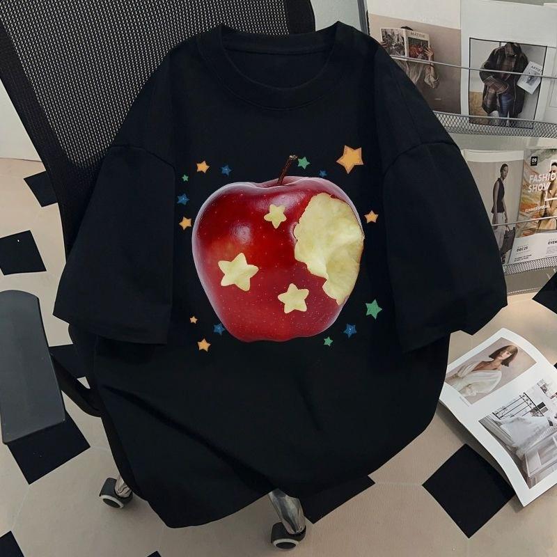 

Womens Summer New ShortSleeve Tops Red Apple and Star Printed Casual Female TShirt Top Women Vintage Breathable Clothes 4XL