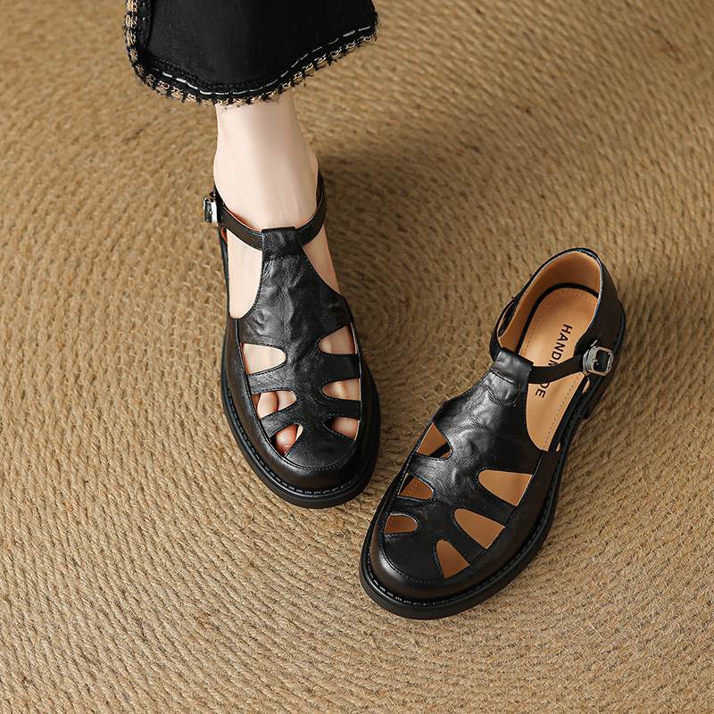 Krazing Pot Fårskinn Rund Tå Storlek 42 Hög Kvalitet Tjock Mellanhög Klack Spänne Ihålig Stil Vacker Höst Större Storlek Pumps