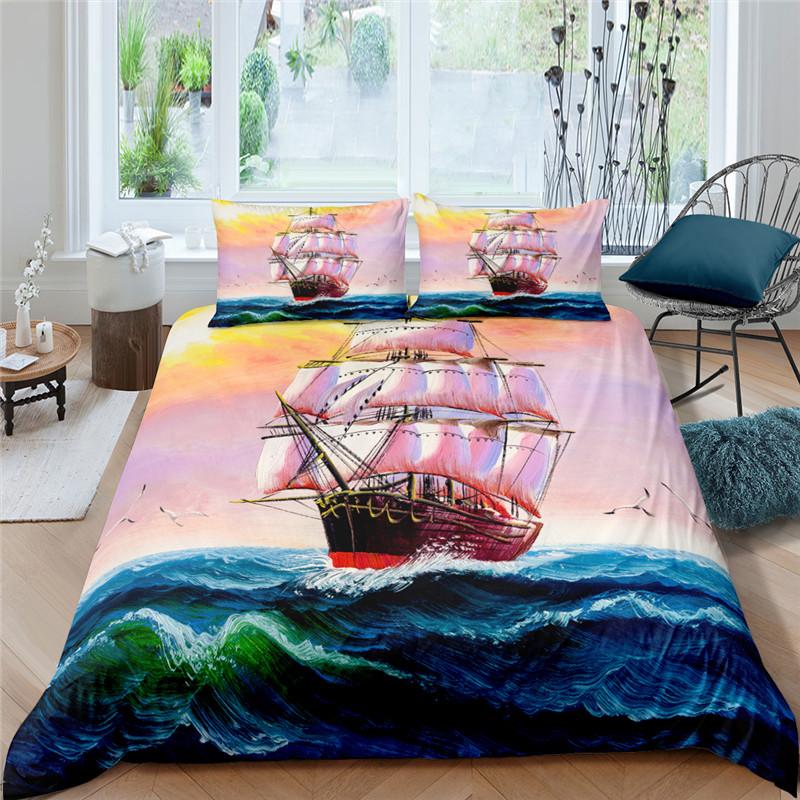 Nautisk Segelbåt Påslakan Queen King Size 3D Oljemålning Båtstil Sängkläder Set Ocean Mjuk 2/3 Delar Polyester Täcke Överdrag