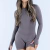 Damen Langarm Rollkragen Offener Rücken Strampler Ausgeschnitten Rückenfrei Kurzer Jumpsuit Bodycon Active Wear