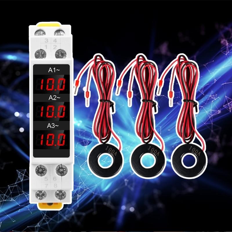 3 Phase Din Rail Voltmeter Ammeter, Digital Energy Meter with 3 Sensors,AC80‑500V 1‑100A Current Power Meter