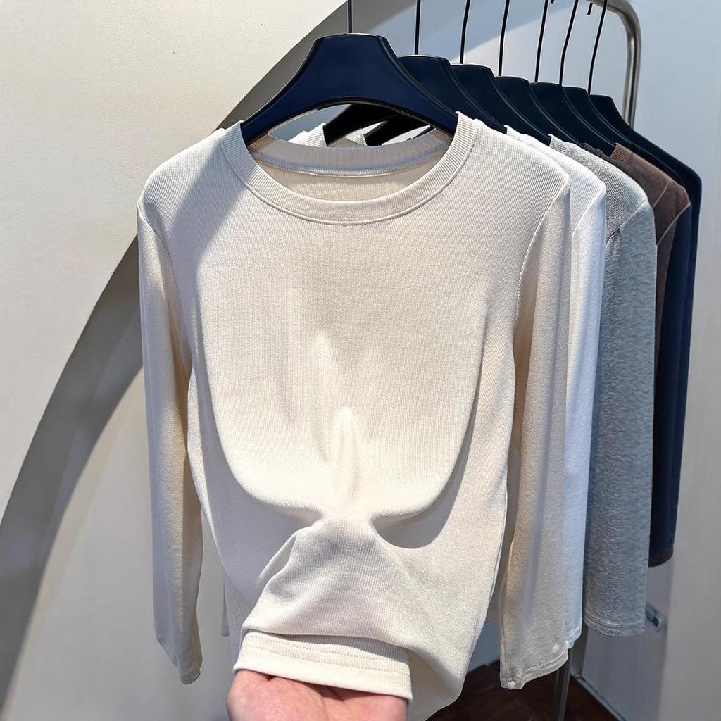 Women's Ribbed Crew Neck Long Sleeve Slimming T-shirt - 2025 Autumn/Winter Collection