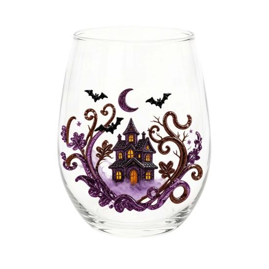Pumpkin And Ghost Glassware Halloween Theme Glass Tumbler, Black Cat Skull Hand Painted Stemless Egg Shaped Cup, Spooky Lead-free for Party,