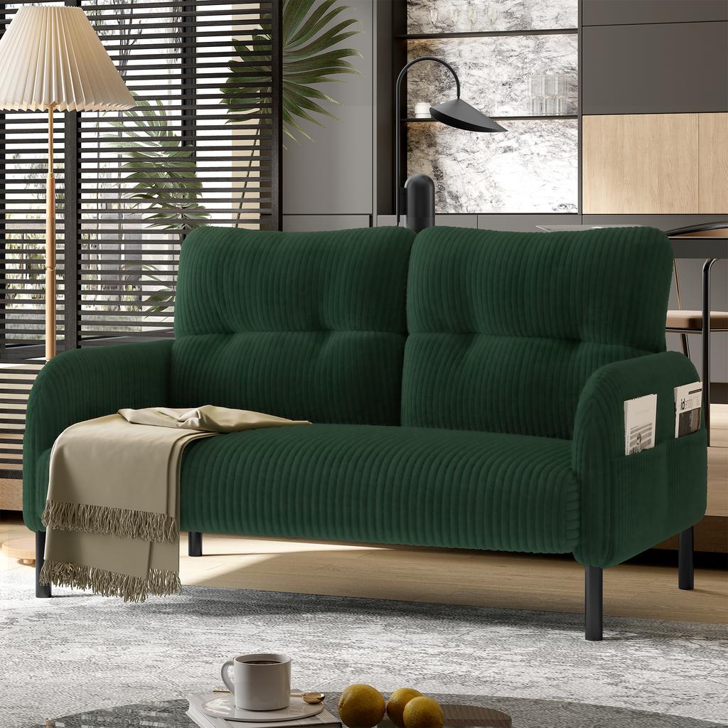 Zweisitzer aus Cord, Komfortpolsterung, Hohe Rückenlehne & Seitentaschen, Metallfüße, Einladende Weichheit, Optimaler Halt, Perfekt für Home-Office-Lounges