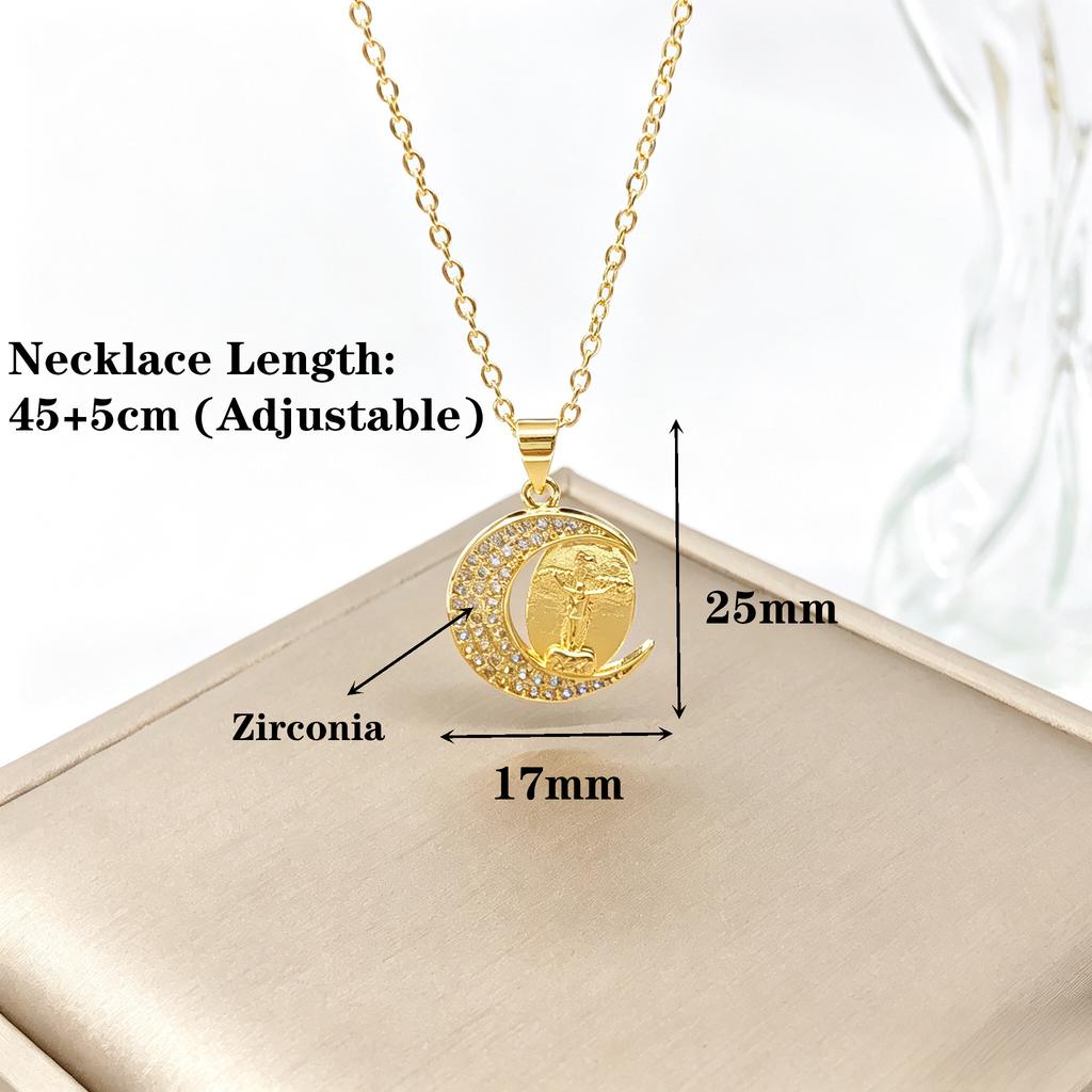 New Arrival Religion Moon/Arch Shaped Virgin Mary Jesus Zirconia Pendant Necklace Elegant Vintage Charm Jewelry Gift for Women