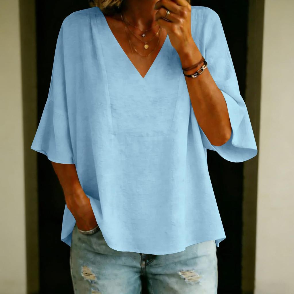 Women Lightweight Loose V Neck Tops Casual 3/4 Sleeve Linen Shirts
