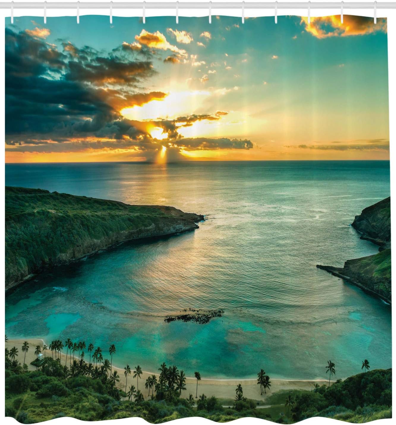 Hawaiian Shower Curtain, Sunrise Over Hanauma Bay Oahu Hawaii Sunbeams Through Clouds Shoreline, Cloth Fabric Bathroom W60H190(CM)-1 Pcs
