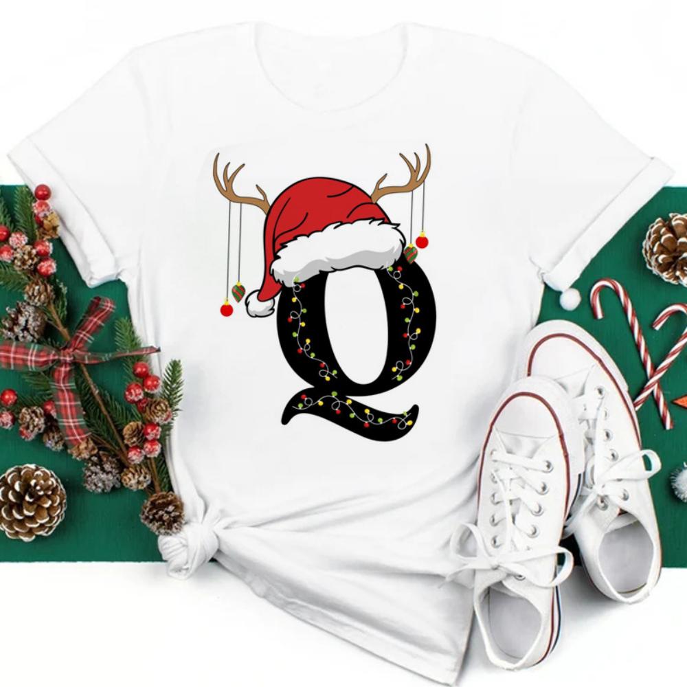Christmas Hat A To Z Letters Tshirt Christmas Family Activity Sleeved Streetwear Harajuku Short Sleeve Casual Aesthetic Clothes