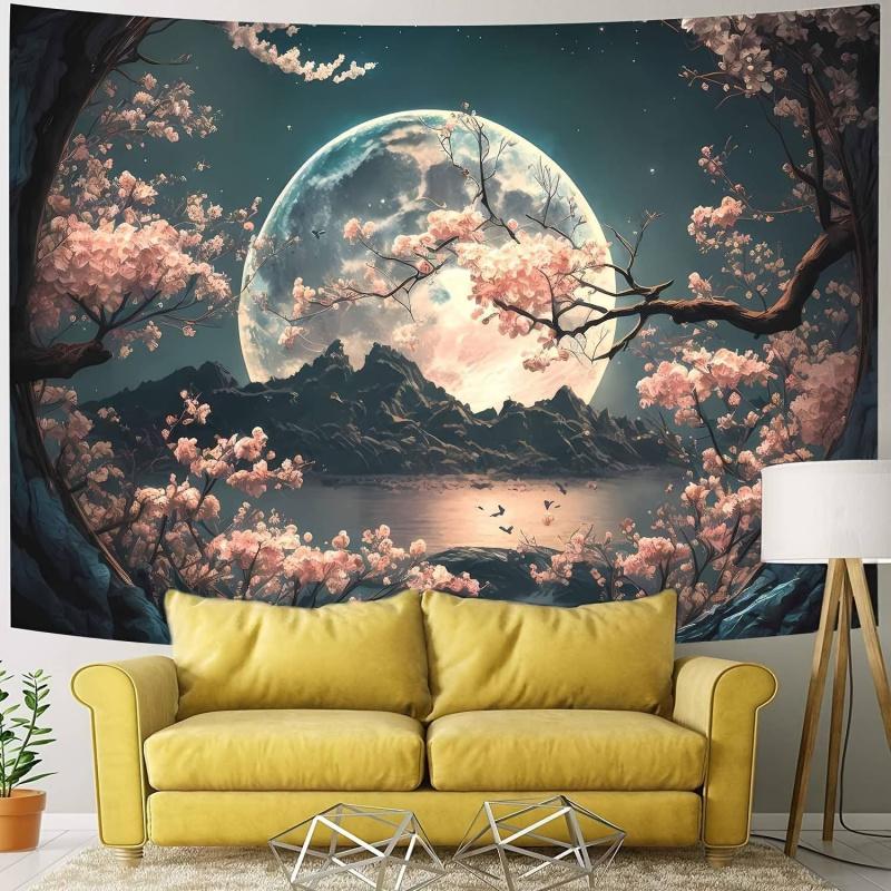 Peaceful Cherry Blossoms And Moon Scenery Tapestry Bedroom Living Room Dormitory Polyester Fiber Wall Hanging