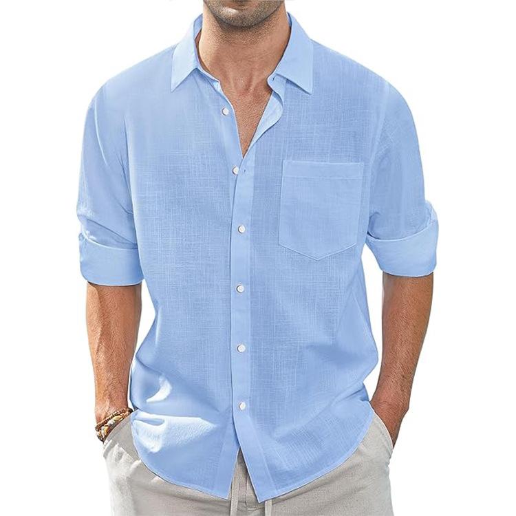 

Cotton and Linen Shirt, Thin Lapel Collar with Pocket, Long-sleeved Shirt for Men M